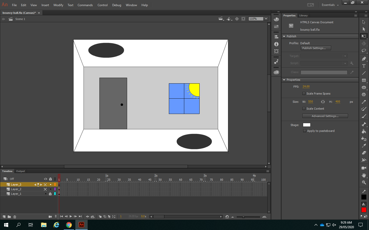 Layout image of Adobe Animate with just the background for the animation created