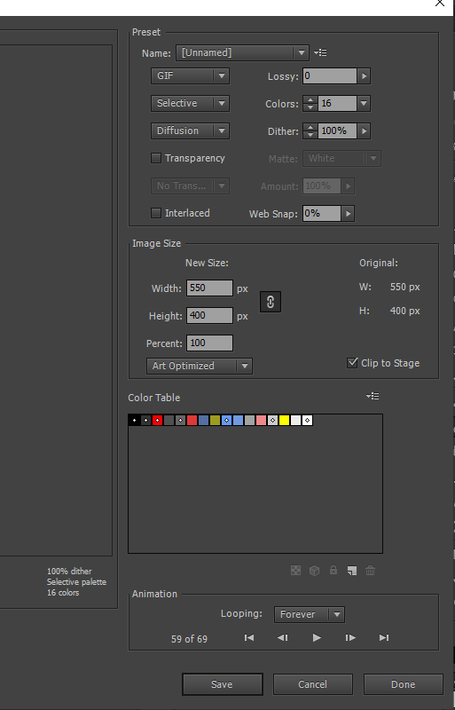 Image of the different export settings that you can apply to change the properties of the GIF