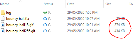 Image comparing the different file sizes of the different bit depth exports in file explorer.