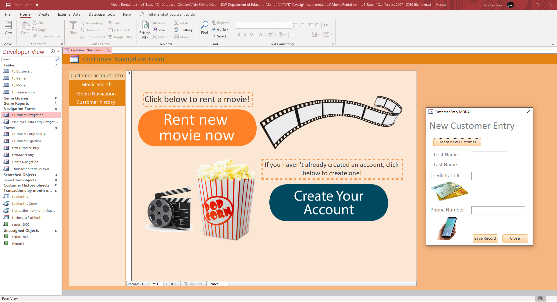 Image of my database in Microsoft Access in the navigation form named Customer Naviagation Form. It has an orange colour pallete and it currently shoing off the New Customer Entry form.