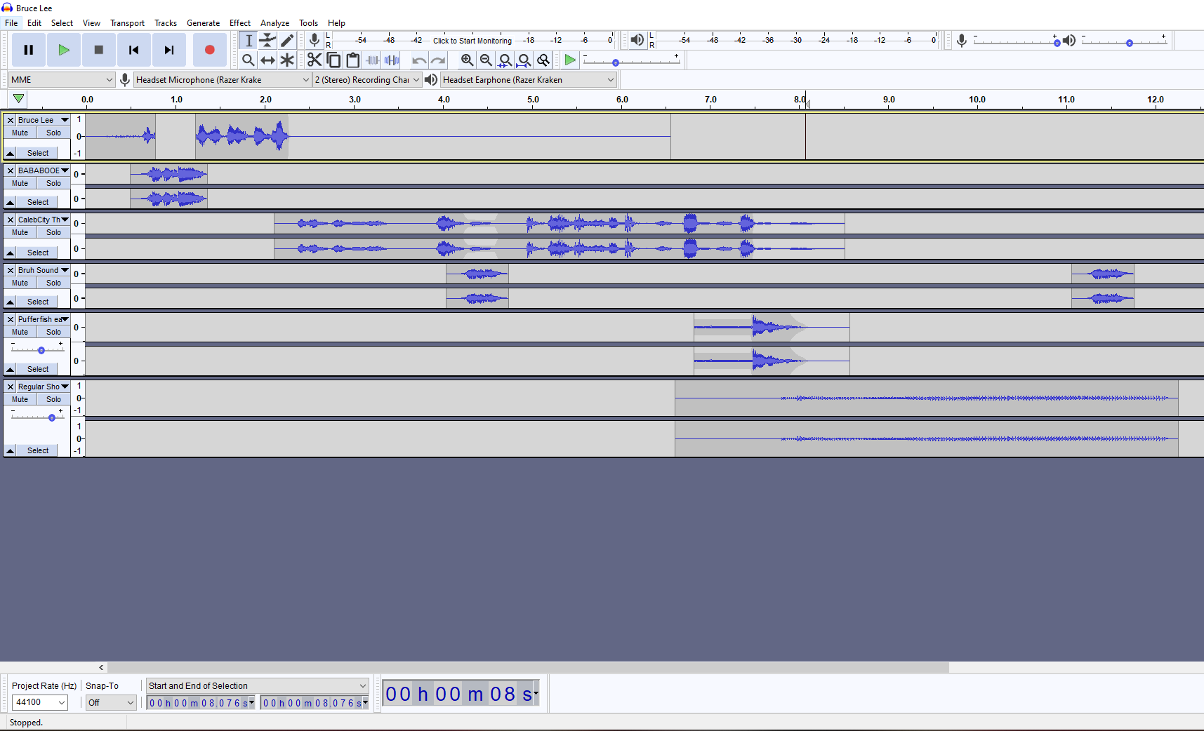 Image of the different audio clips in the software Audacity layered on each other