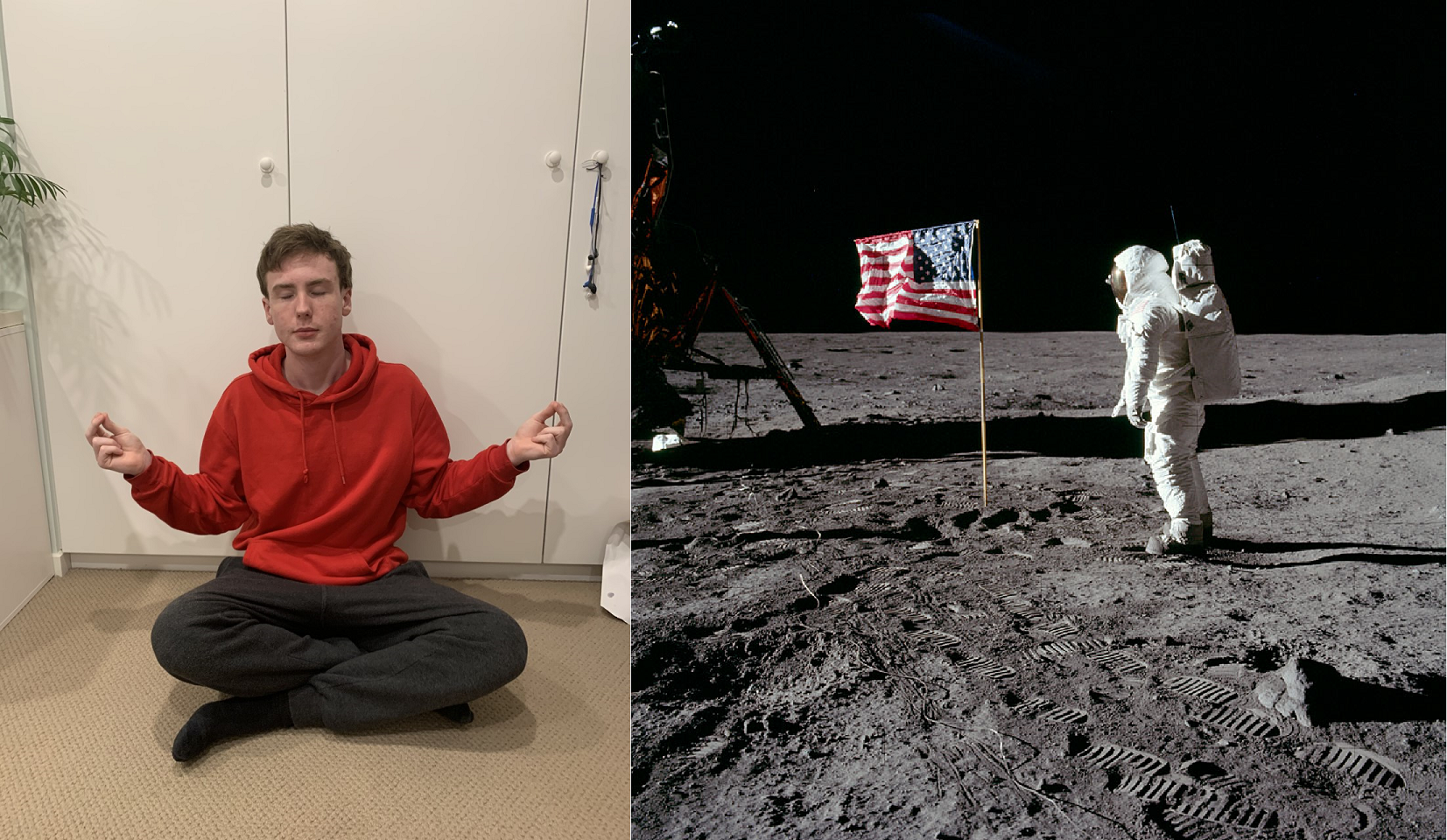 Image showing the two original images that the edited image above was created from. On the left is me sitting cross legged on the ground, and on the right is the famous photo of Buzz Aldrin saluting the American flag on the moon