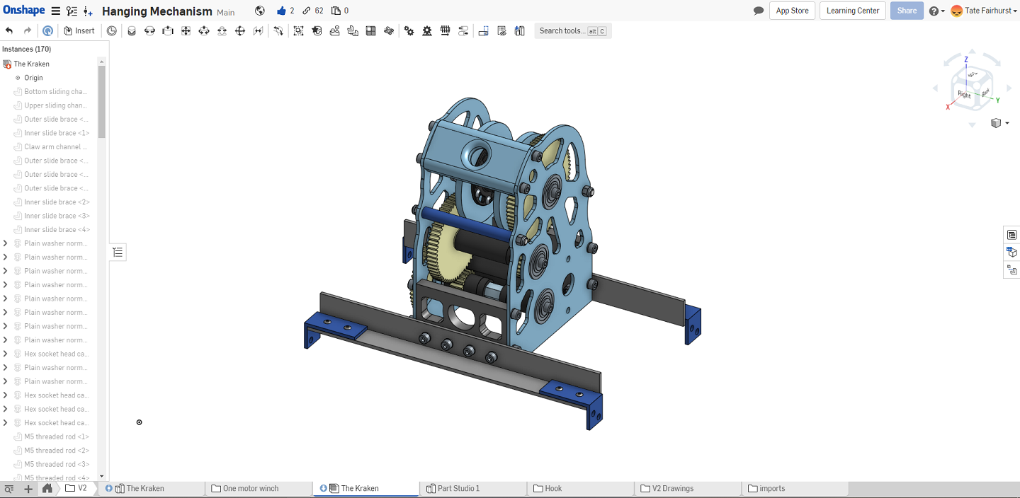 Image of a mechanical winch design in Onshape, a CAD software